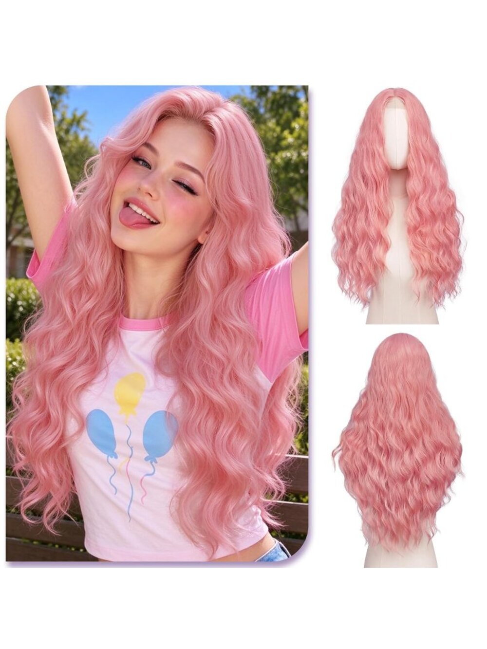 Women's Light Pink Long Wavy Wig for 28 Inch Middle Part Heat Resistant